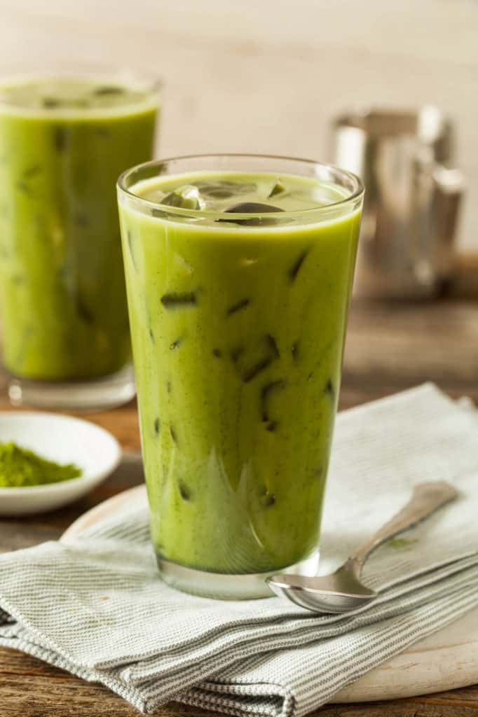 Matcha Green Tea Lattes over ice in tall glasses