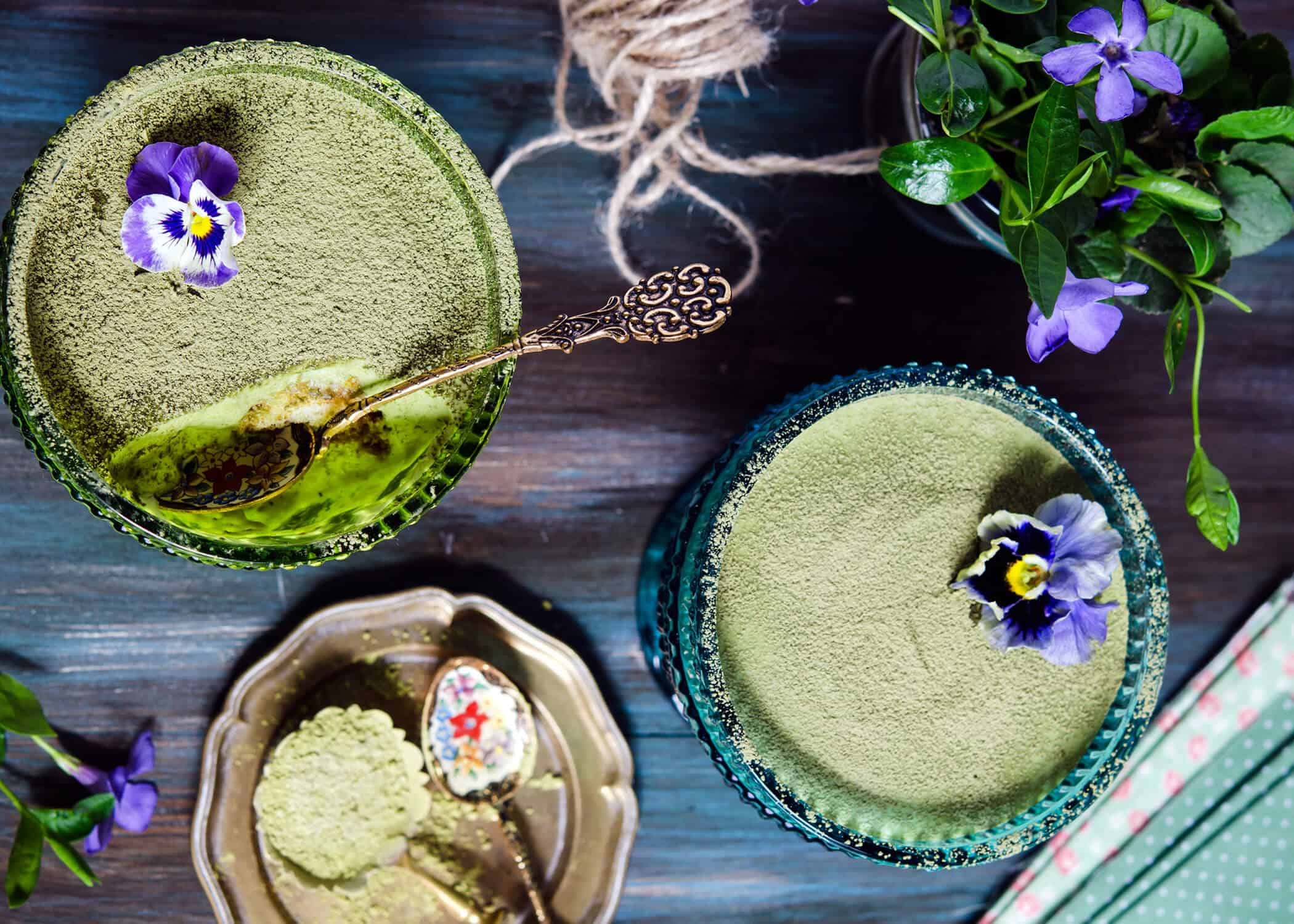 matcha dessert recipes on a table with pansies