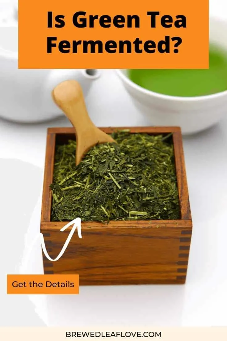 green tea fermented in a wooden box with a wood scoop.   White teapot with white teacup of brewed green tea. 