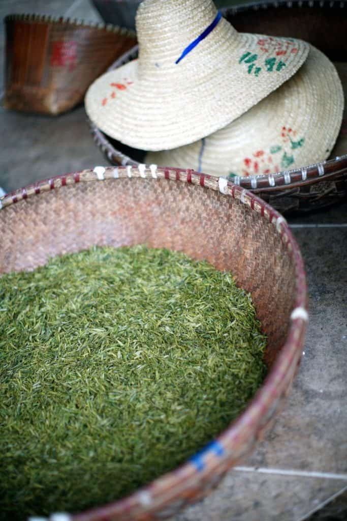Longjing or dragon well tea in a basket
