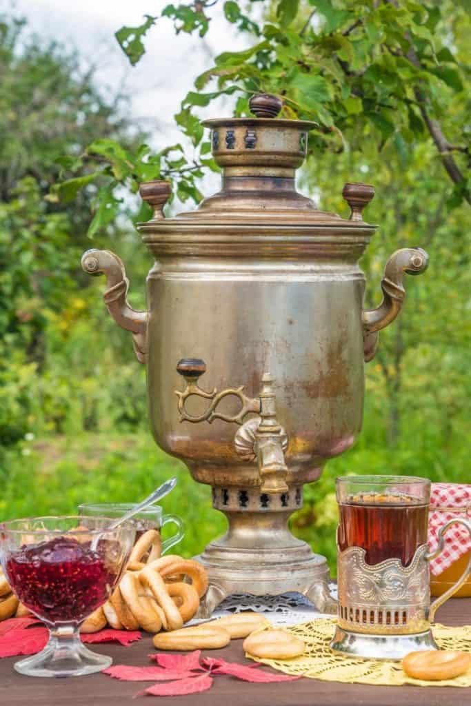 samovar for zavarka tea in a garden