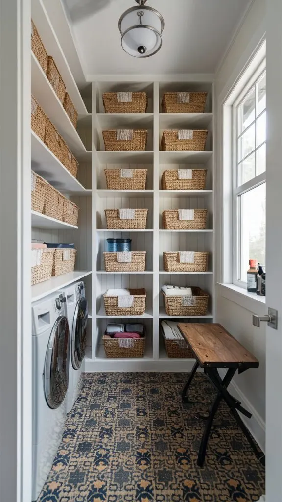 A small laundry room with white floor-to-ceiling shelves filled with neatly organized laundry supplies.