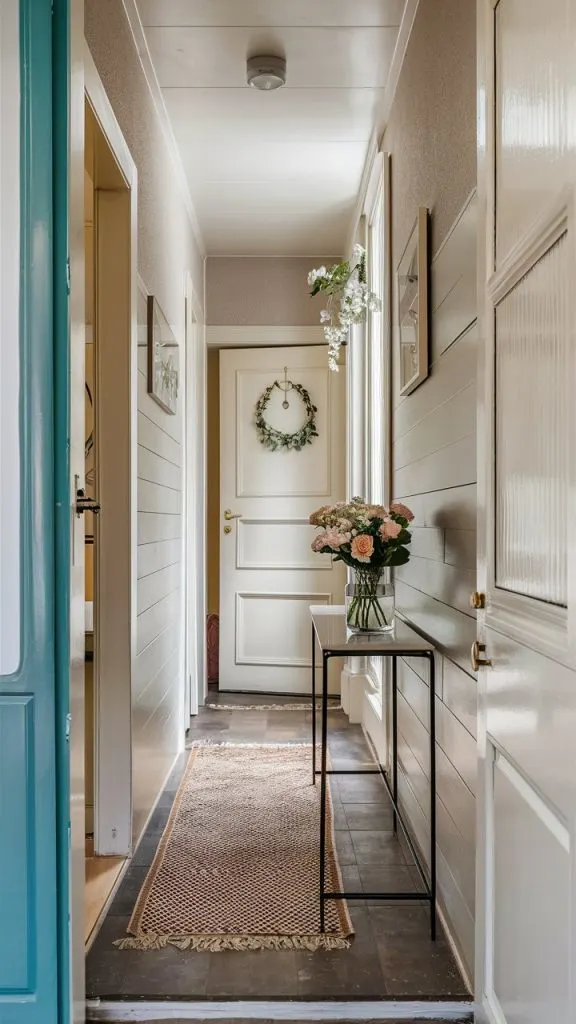 A stylish and cozy small entryway with a console table, flowers, and a plush bench in a modern home.