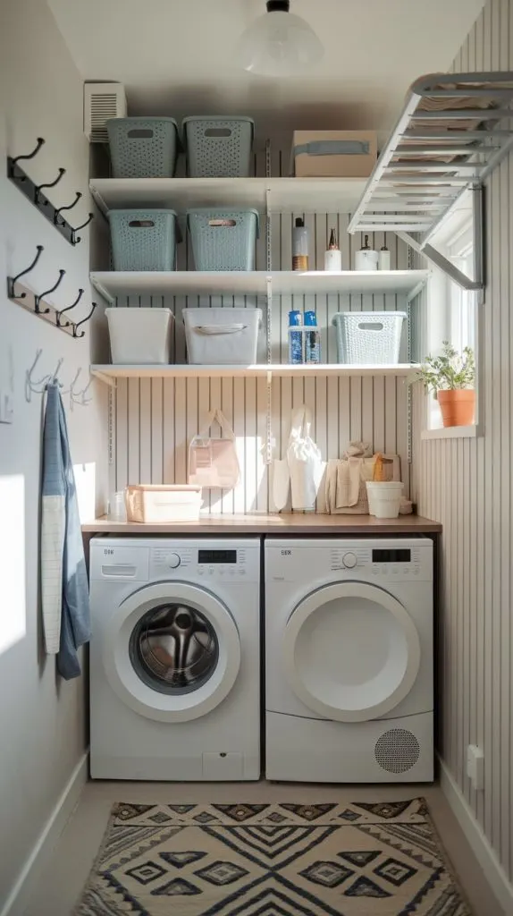 Compact apartment utility room with organized shelving, slim washer and dryer, and modern minimalist design.